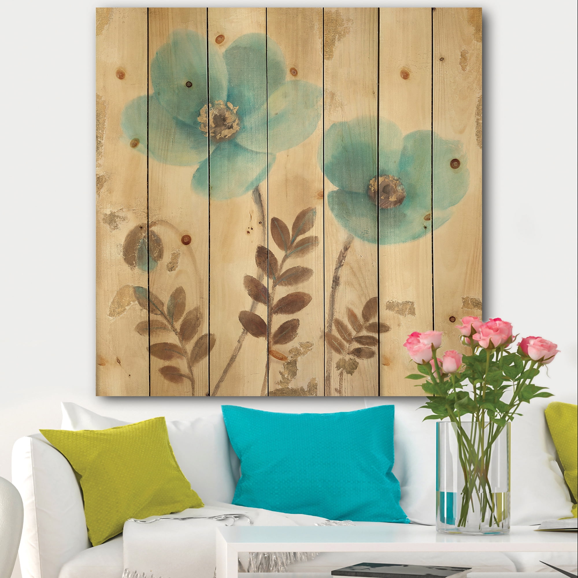 Designart 'Turquoise Poppies Cottage Flowers I' Farmhouse Print on Natural Pine Wood