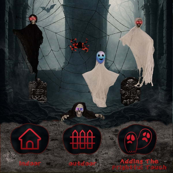 8-Piece Outdoor Halloween Decoration Set, 3 Swinging Ghosts (LED Eyes) + 2 Gravestones + Crawling Skeleton + 5.9ft Cobweb, Indoor/Outdoor Use