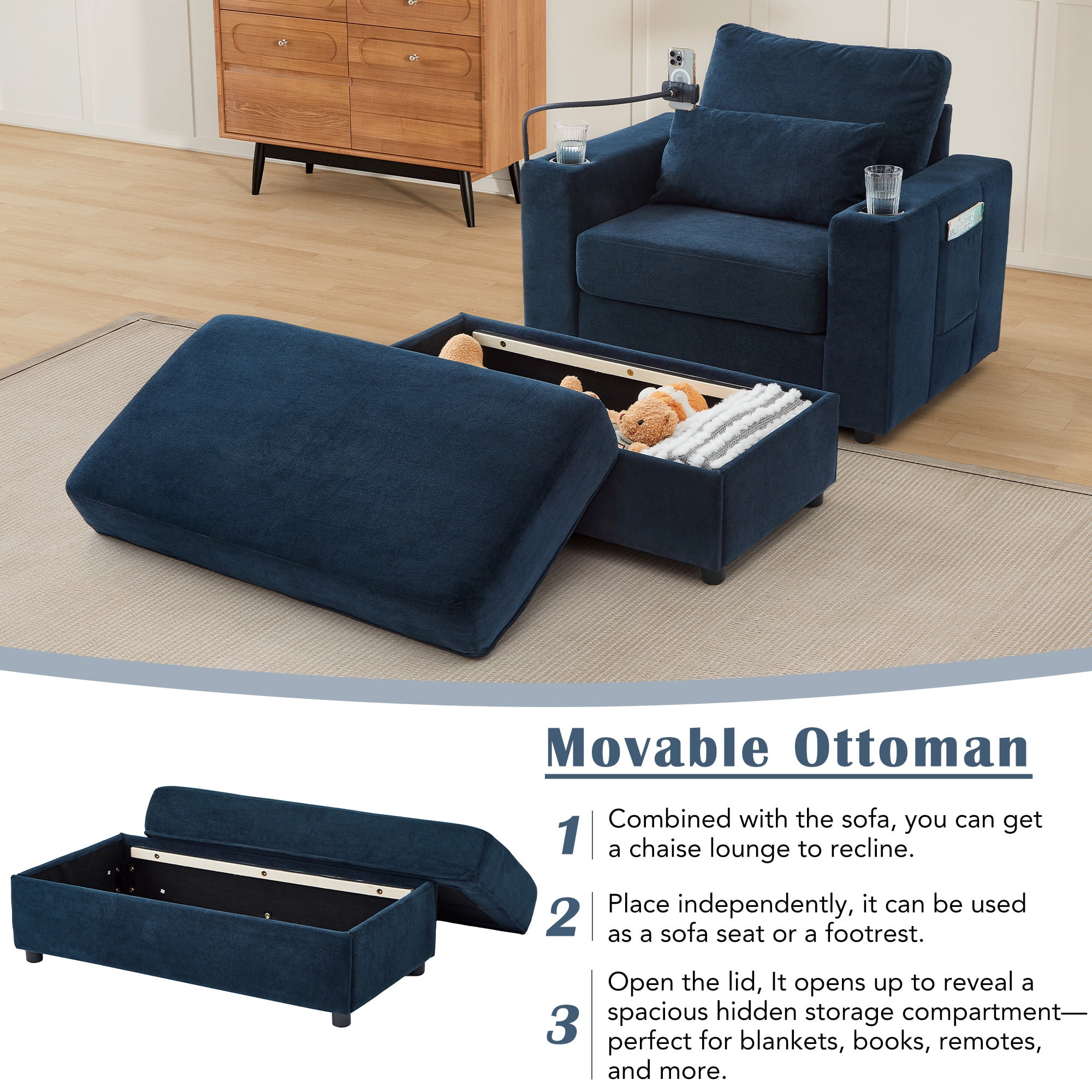 Aukfa 43" Chaise Lounge w/ 2 Cupholders and USB Ports, Storage Ottoman, Chenille, Blue