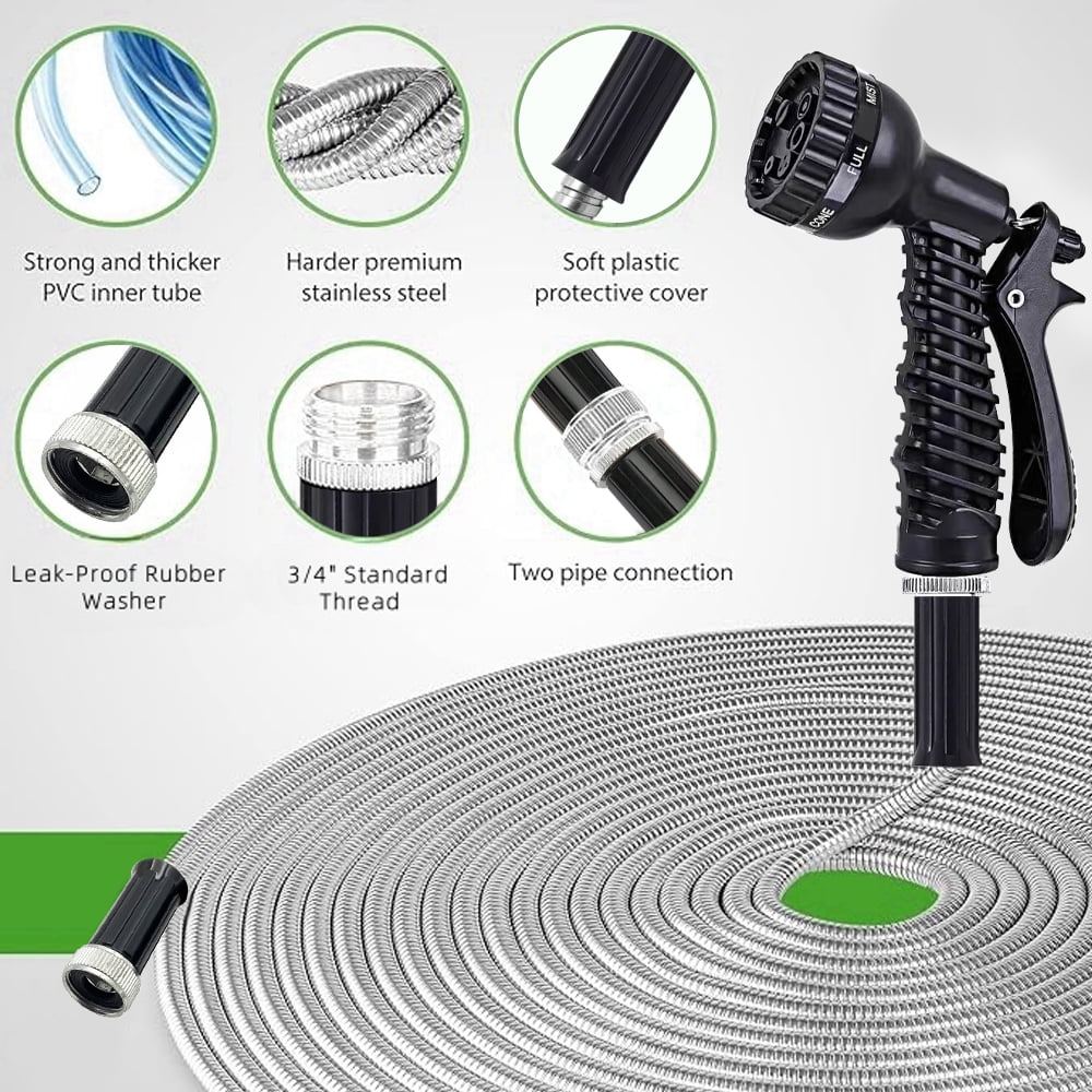 Garden Hose 25 FT,304 Stainless Steel Heavy Duty Water Hose with 7 Function Nozzles No-Kink Rust Proof for Yard Outdoor