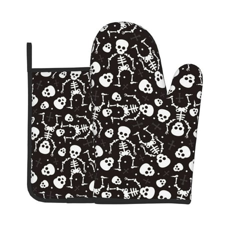 

Xecao Skeleton Pattern Oven Mitts and Pot Holders Sets Heat Resistant Silicone Oven Mittens Extra Thicken Long Kitchen Cotton Oven Glove for Cooking