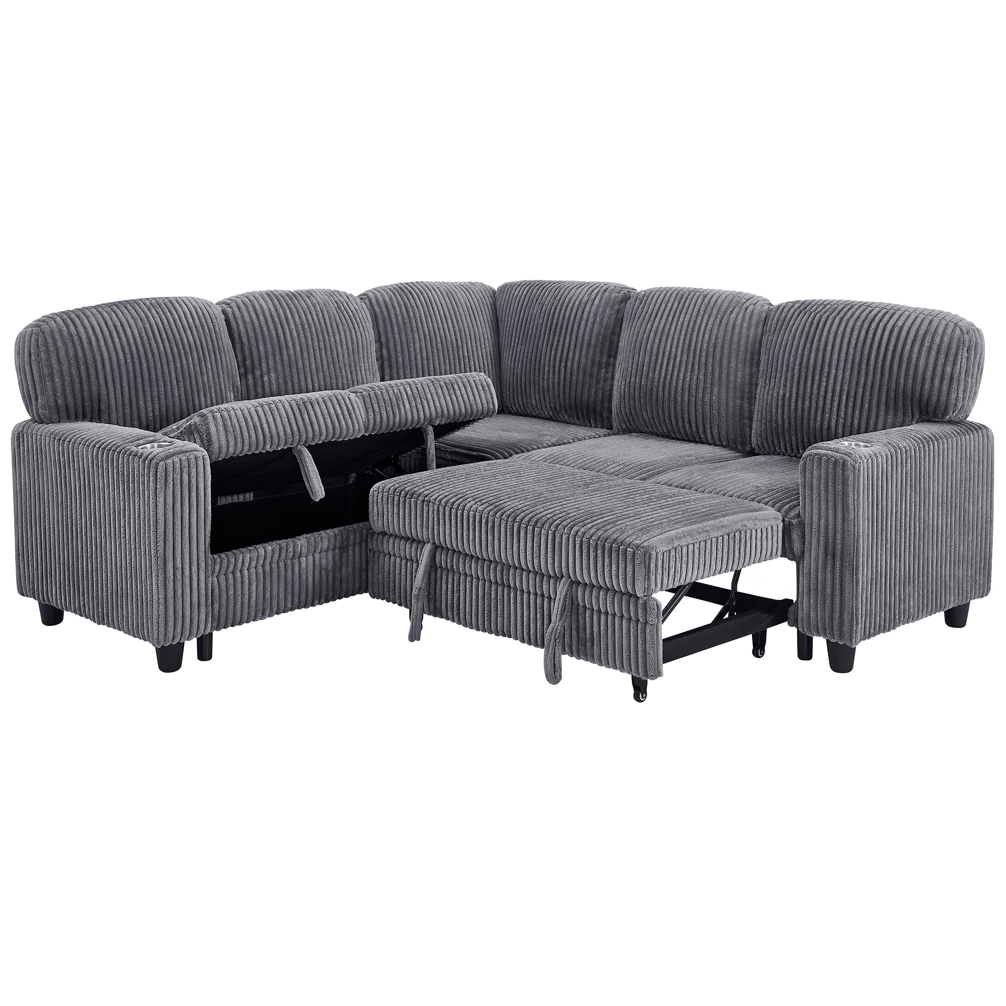 5-Seat L-Shaped Sectional Sofa with Pull-Out Bed, Reversible Chaise with Storage, Sleeper Sofa Couch Bed with USB & Type-C Charging Ports, Chenille Fabric Couch for Living Room, Apartment