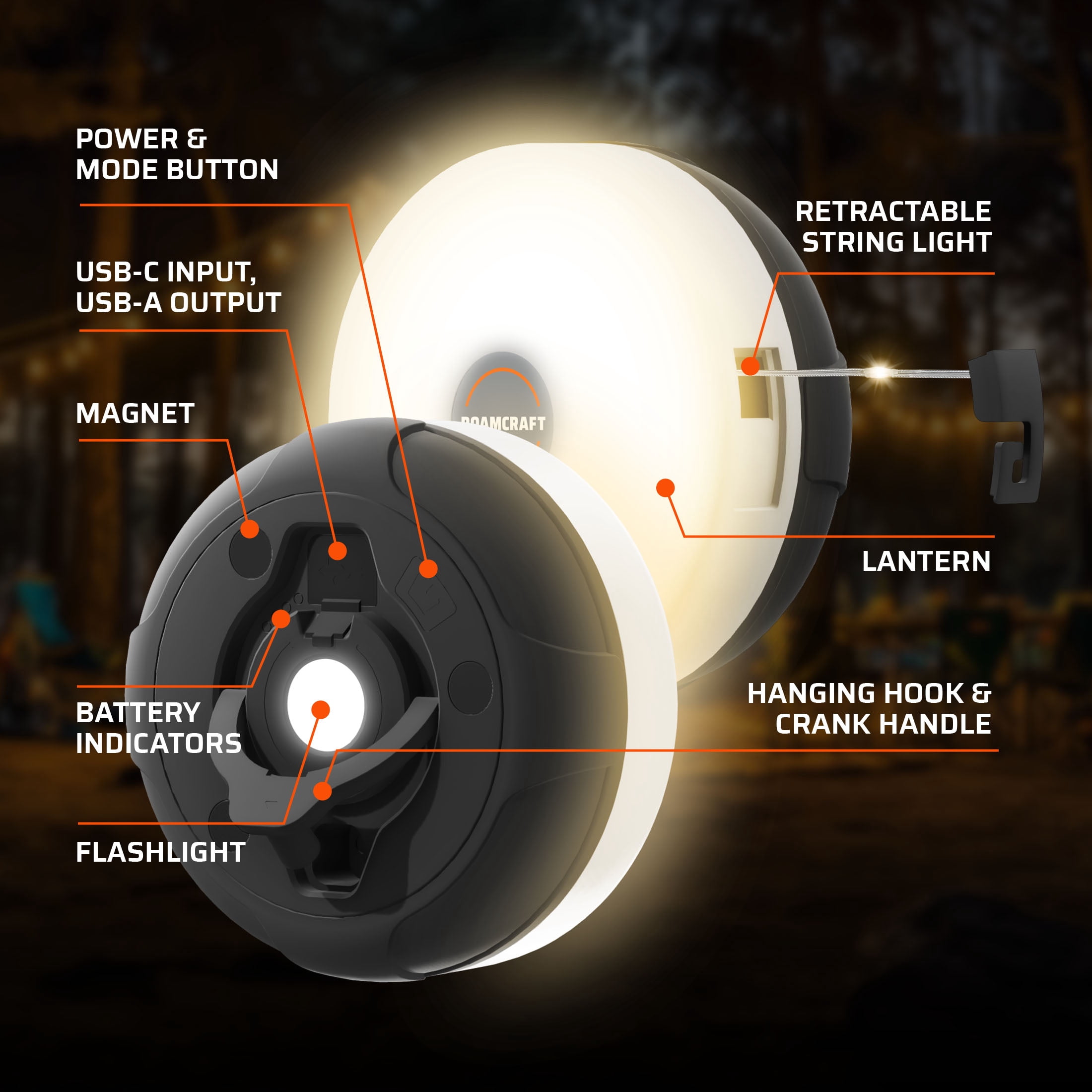 Roamcraft™ Portable LED Camping String Light with Built-in Power Bank - 250 Lumens, 32 ft, 8 Modes