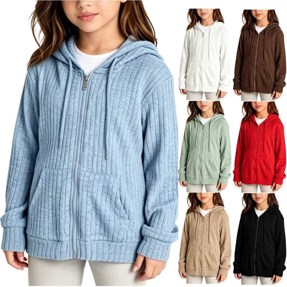 Girls Fashion Hooded Zip up Knit Sweater Light Weight Drawstring Hood Long Sleeve Jacket for Fall Winter White 170(170)