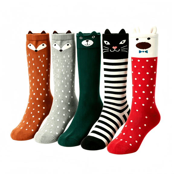 LYMAYTER 5 Pack Girls knee Length Socks for 3-12Y Toddler Cute Cartoon Animal Kids Knit Knee High Socks