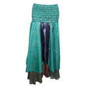 Mogul Womens Green Silk Sari Vintage Dress Two Layered Printed Boho Chic Maxi Skirt