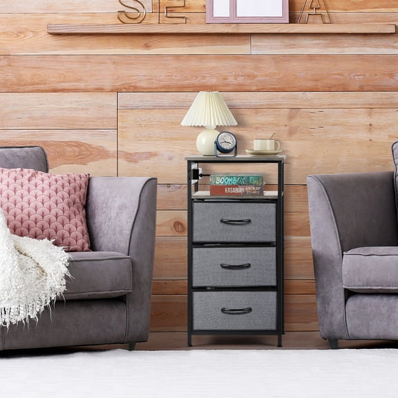3‑Drawer Nightstand with Charging Station, Gray Fabric Drawer Bedside Table with USB Ports & AC Outlets