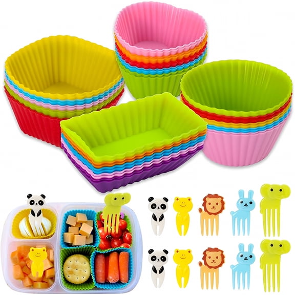 ACDANC 50Pcs Silicone Bento Box Dividers with Food Picks, Reusable Meal Prep Separators for Lunch Packing & Portion Control