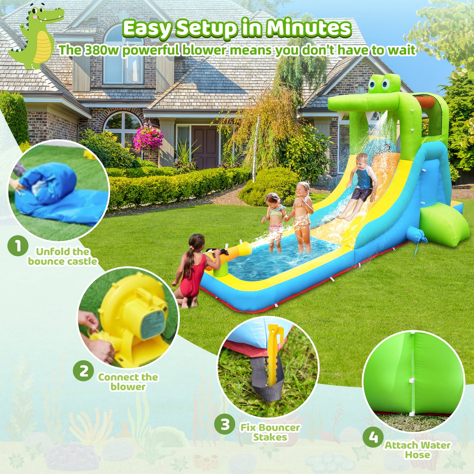 NBSPORT Inflatable Crocodile Water Slide & Bounce House for Outdoor Backyard, with Climbing Wall, Splash Pool, Water Cannon & Blower for Kids