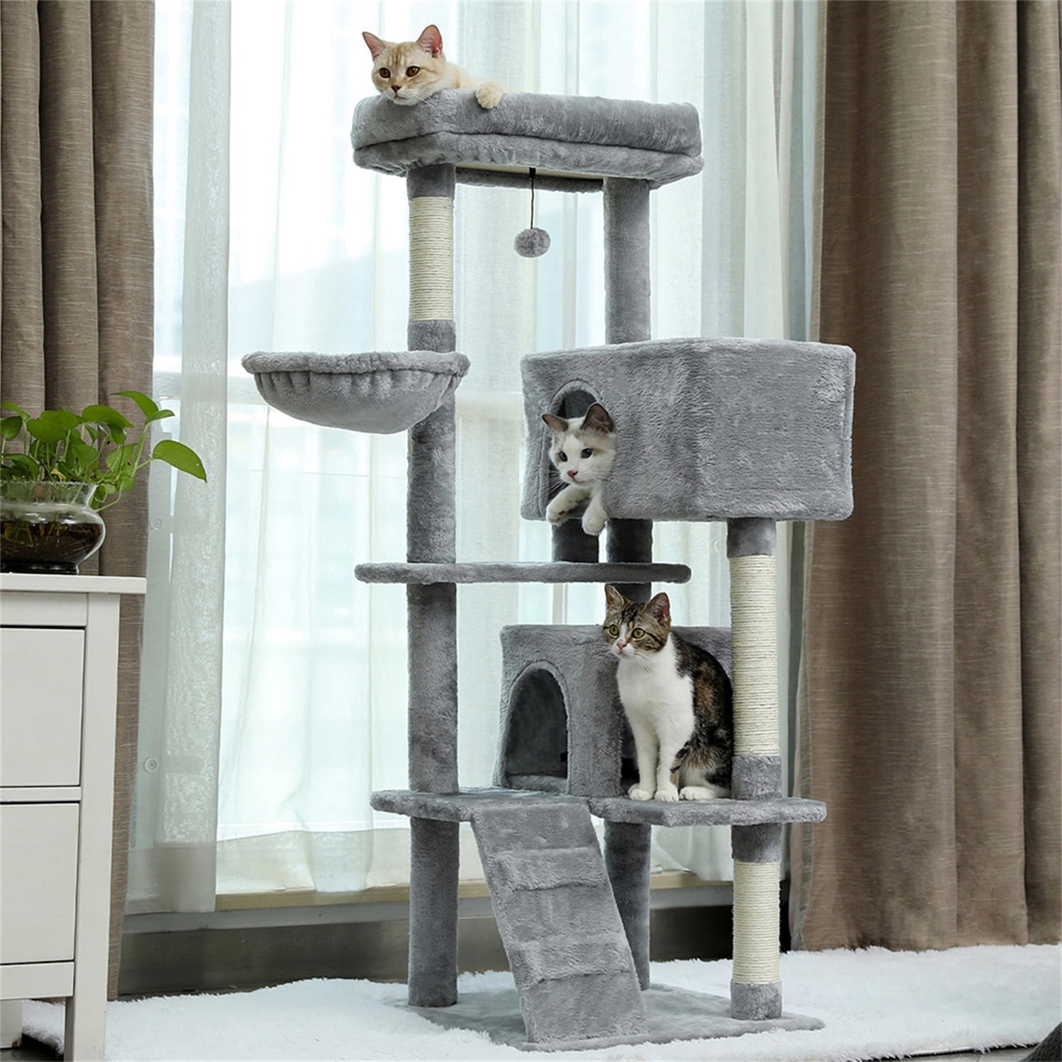 Pefilos 56" Cat Tree for Indoor Cats Cat Condos for Adult Cats with Padded Plush Perch and Cozy Basket Cat Tower for Large Cats , Gray