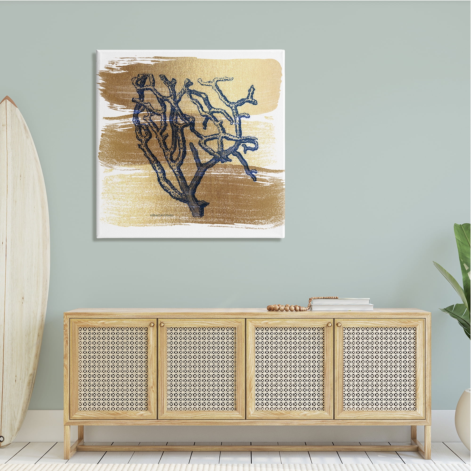 Stupell Industries Azure Blue Coral Golden Patterned Background Sea Plant,36 x 36, Design by Bluebird Barn