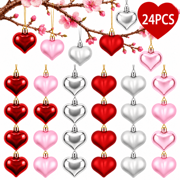 Valentine's Day Heart Shaped Ornament Decorations Red Pink Silver Heart Shaped Baubles, Romantic Decorations 24PCS