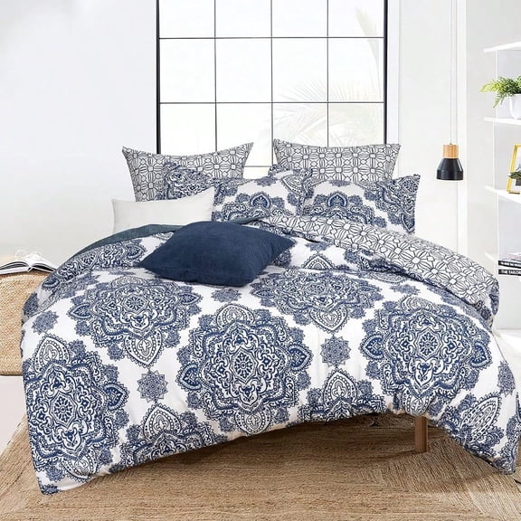 Ultra Soft Paisley Duvet Cover California King Size Printed Bedding Set 3 Pieces Comfy Farmhouse Pattern Duvet Cover Set with 2 Pillow Shams Zipper Closure and 8 Ties 104x98 Royal BlueWhite