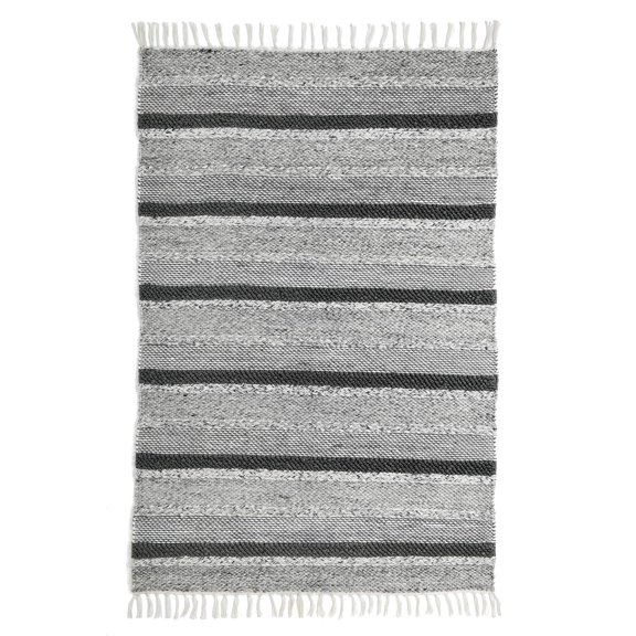 FH Home Machine Washable Area Rug - Hand Woven, Stain Resistant, Pet Friendly - Premium Recycled Polyester Yarn - Fringe Stripes - Bedroom, Living/Dining Room - Albany - Gray - 8 x 10 ft