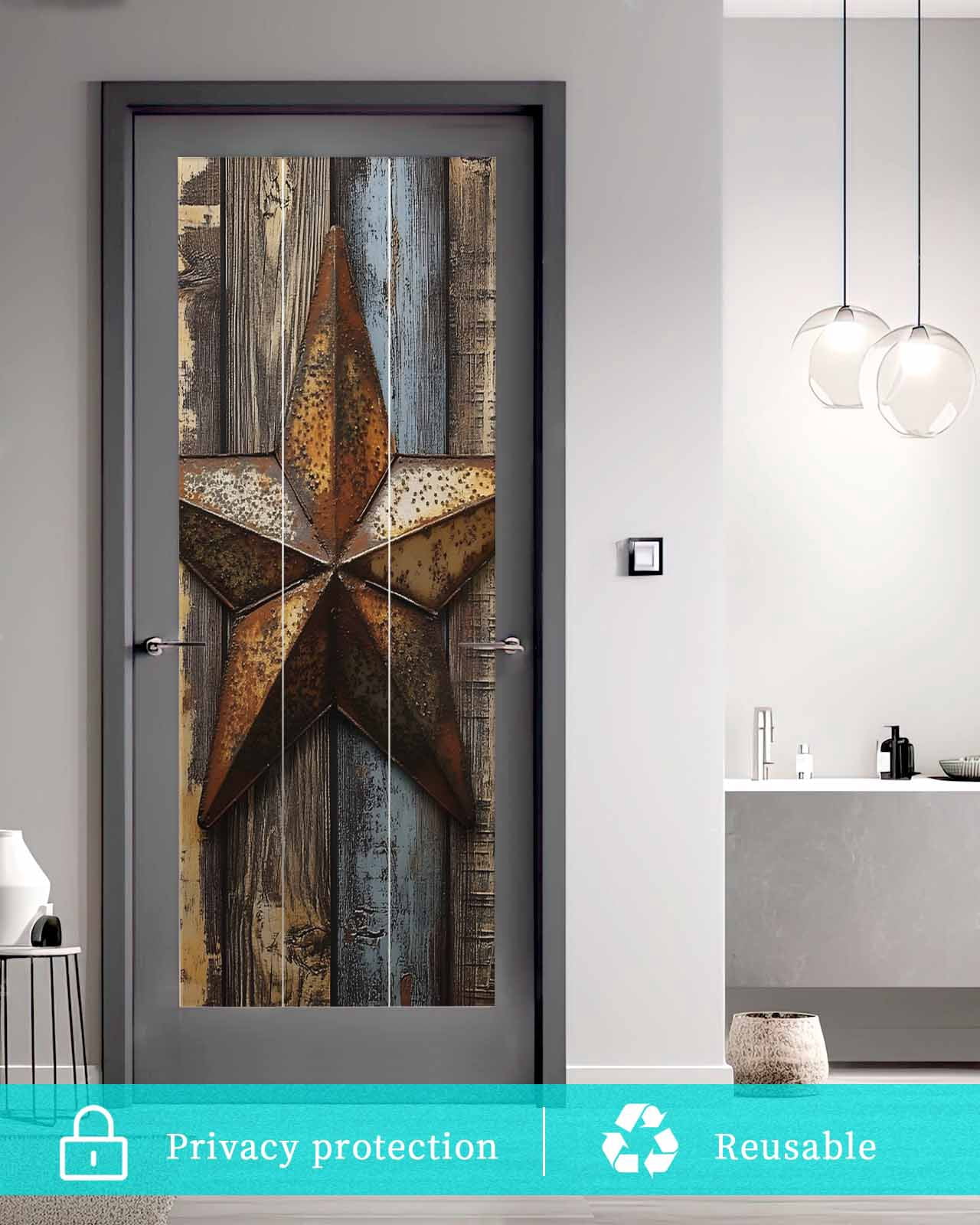 Window Privacy Film Retro Vintage Stained Glass Window Film Decorative Sun Block Window Cover Chic Western Texas Star Pattern Wooden Window Clings Static Adhesive Sticker for Bathroom 29.5"x78.7"