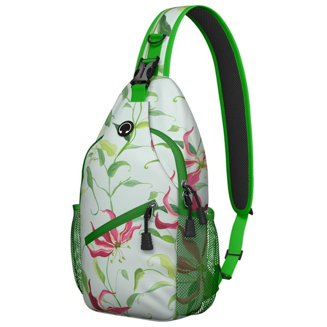 Tropical Botanical Sling Backpack for Travel, Hawaiian Floral Jungle Leaves Pattern, Palm Leaf Exotic Design, Lightweight Summer Beach Bag