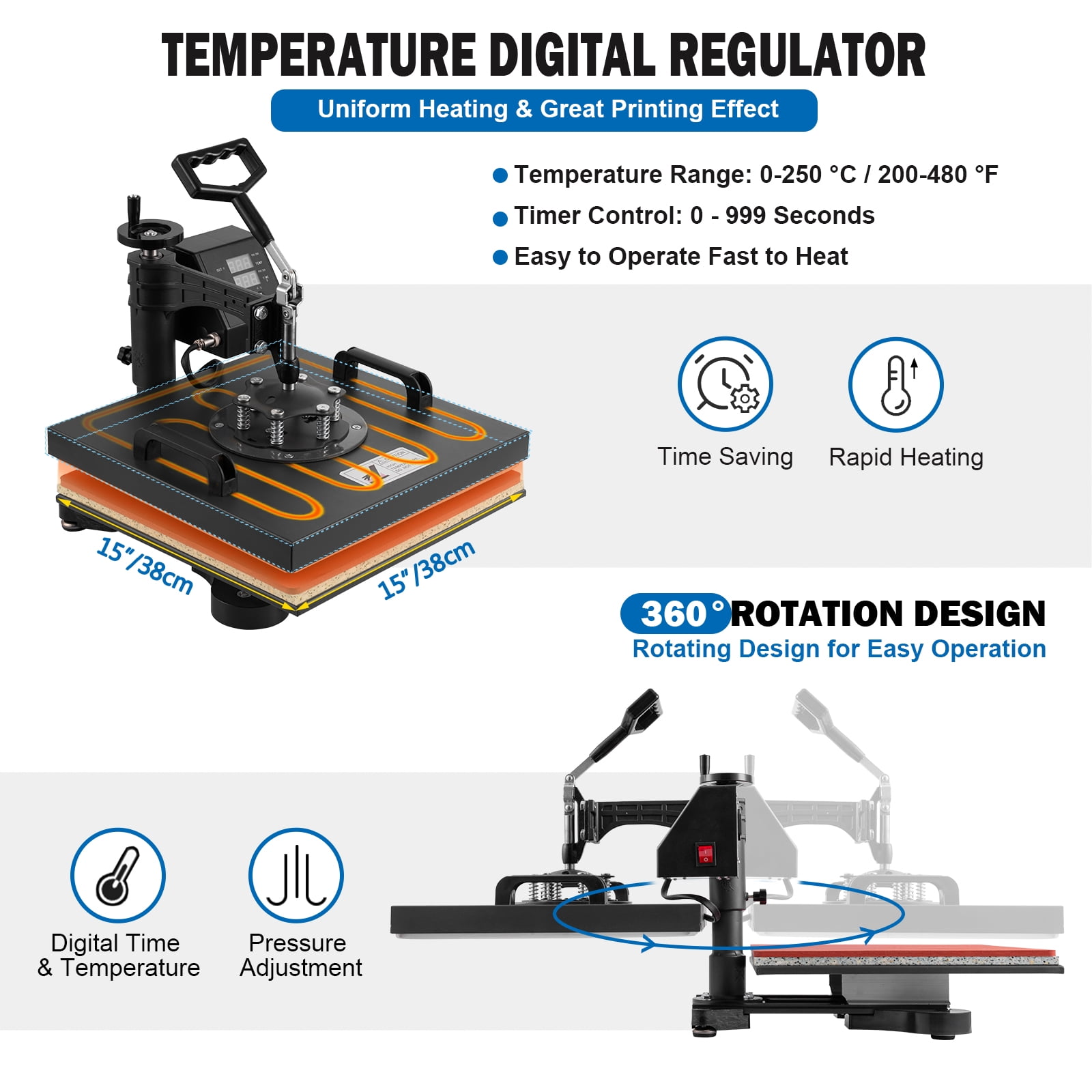 SHZOND Heat Press 8 in 1 Heat Transfer Machine, 15x15 Inch Swing Away Transfer Sublimation Heat Press Machine for T Shirts, Hats, Mugs and Plates