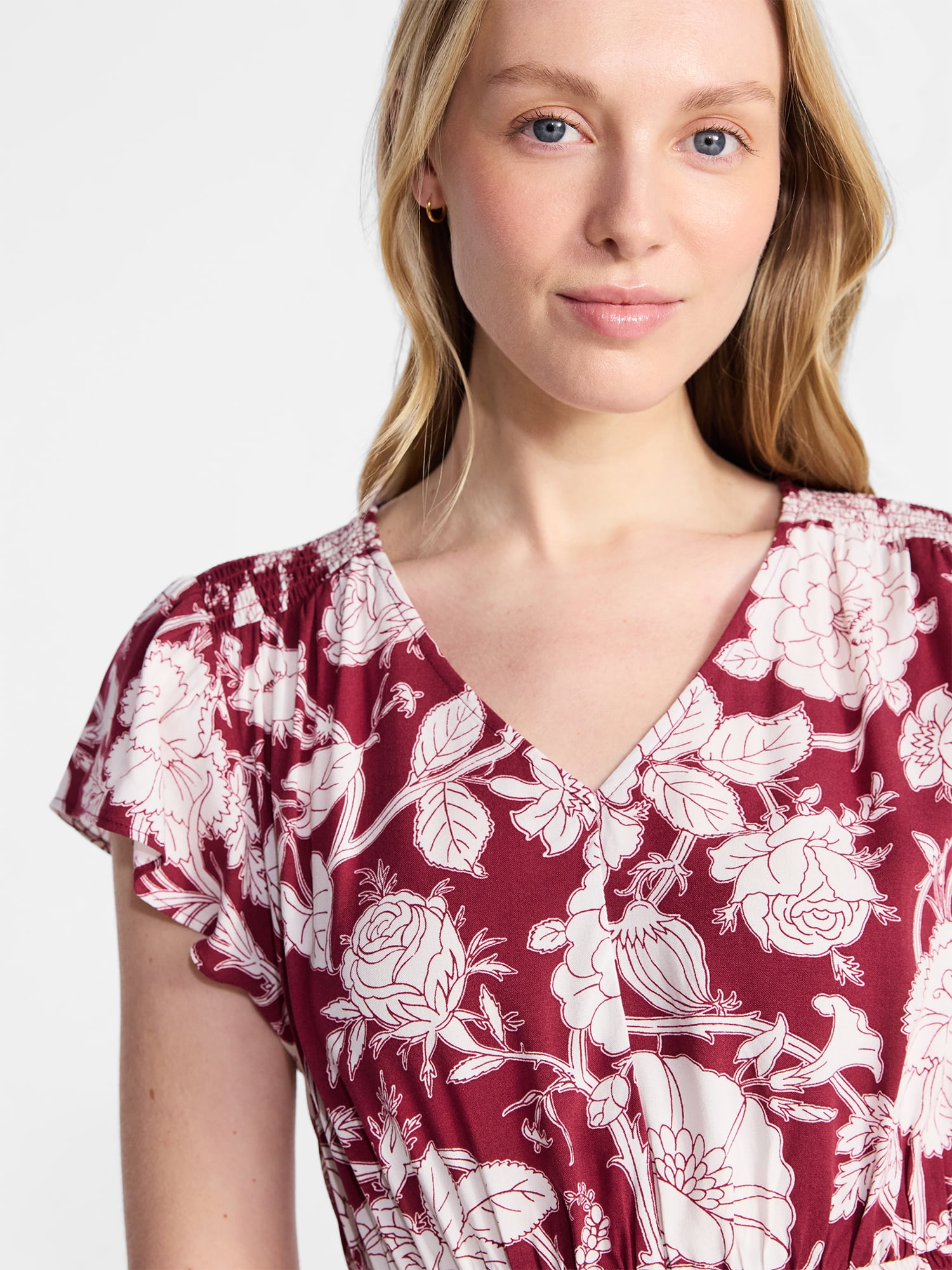 Time and Tru Women’s and Women’s Plus Smocked Waist Midi Dress with Flutter Sleeves, Sizes XS-4X