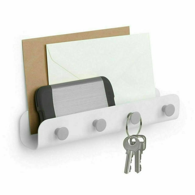 Self Adhesive Key Holder with Small Tray and 4 Key Hooks,Stainless Steel Mail Holder and Key Rack (White)