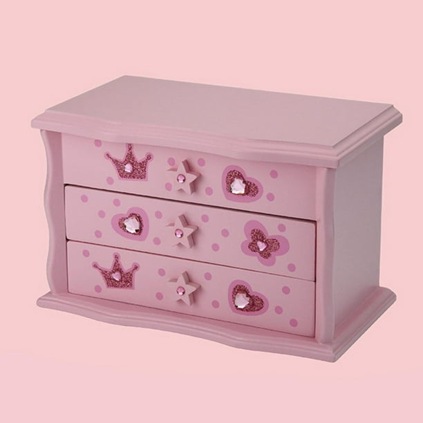 Caja de joyería de música con espejo de cuerda, baratijas de de tesoro, organizador de almacenamiento de cajones de 3 capas, caja musical de bo