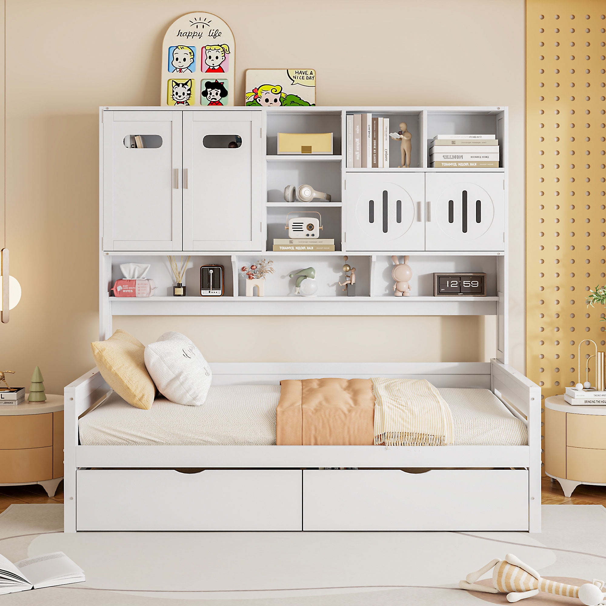 Mintazer Twin Platform Bed with Side Bookcase & 2 Drawer and 2 Cabinets, All-in-One Wood Storage Daybed Frame for Kids Teens Bedroom Guest Room, White