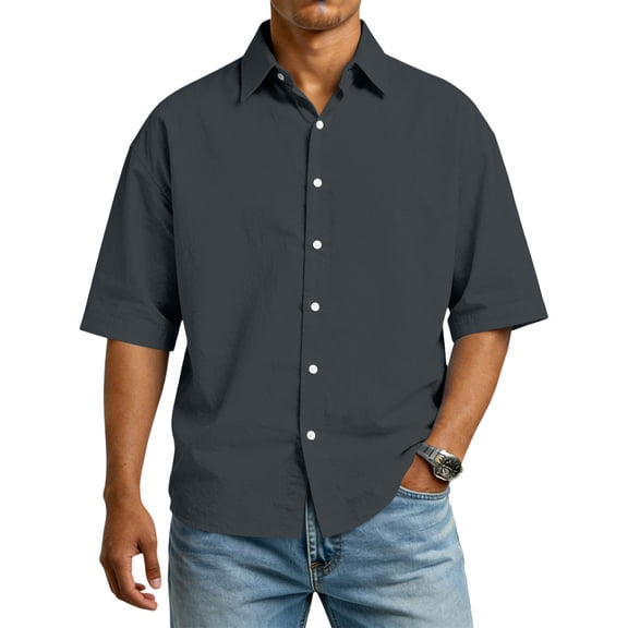 OIOLOYJM Mens Shirts Casual Cotton Button-Down Shirts Spring Short Sleeve Lapel Loose Fit T Shirts Fashion Holiday Outfits Dark Gray 3XL