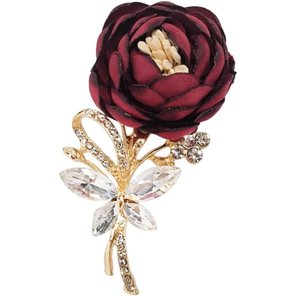 Red Rose Flower Brooch for Women Rhinestone Crystal Camellia Lapel Pin Cubic Zirconia Bridal Handmade Jewelry Wedding Bouquet Boutonniere Banquet Party Ceremony Collar Accessory for Valentine Mother