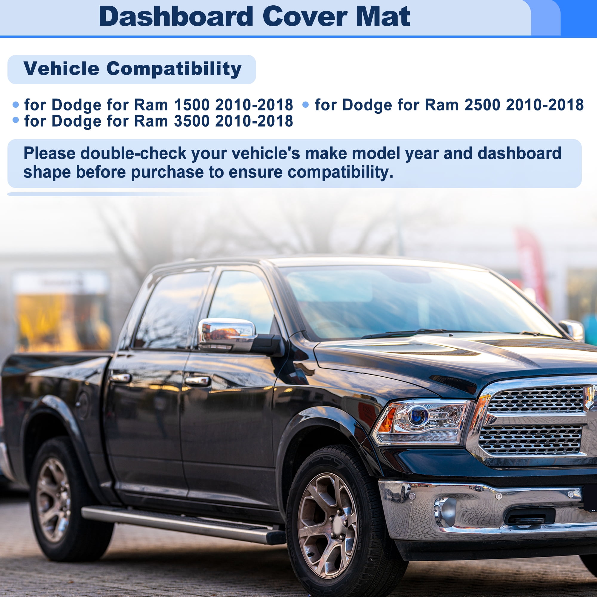 Dashboard Cover for Dodge for Ram 1500 2500 3500 2010-2018 Interior Dash Cover Mat Pad Carpet Non-Slip Dashboard Protector Sunshine UV & Heat Resistant Black