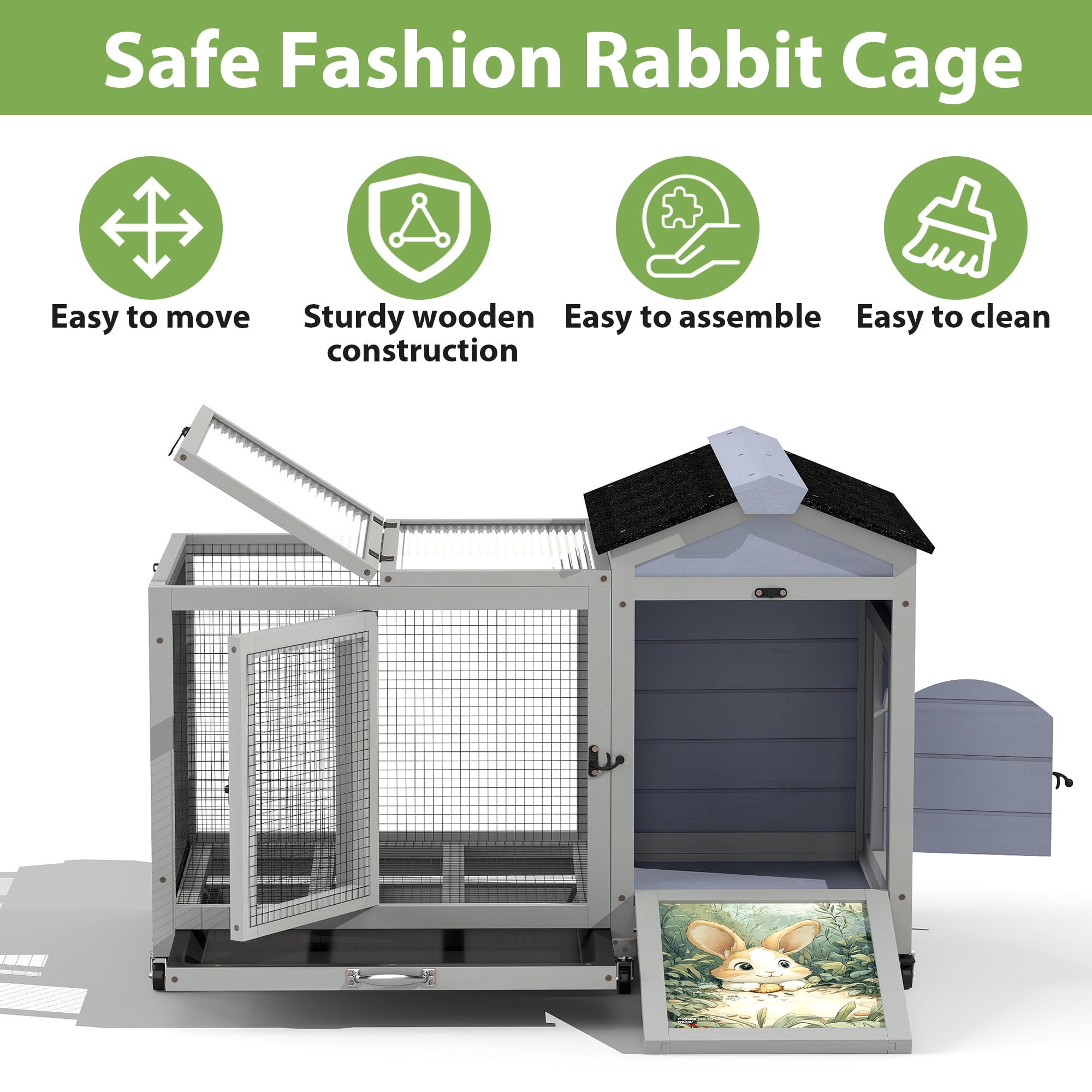 39.5inches Assembled Wood Rabbit Hutch Indoor，Wide Space Small Animal Houses Habitats with Removable Tray&Safety Lock，Bunny Cage with Waterproof Roof&Solar Panels (Grey)