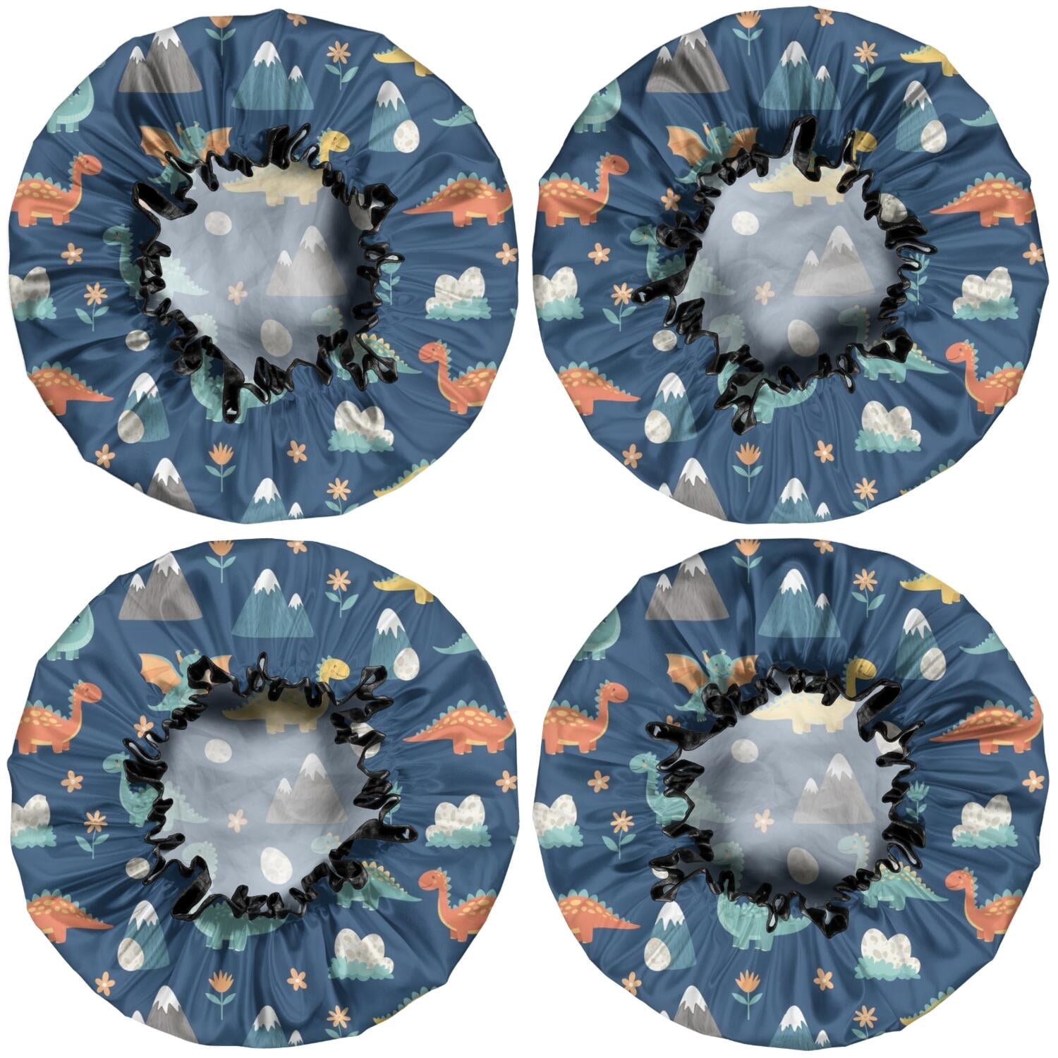Shower Caps,DarkBlue Cartoon Dinosaurs Mountains Eggs Pattern Waterproof Shower Cap for Women 4 Pieces,Double Reusable Hair Cover for Shower PEVA Elastic Stretch Hem