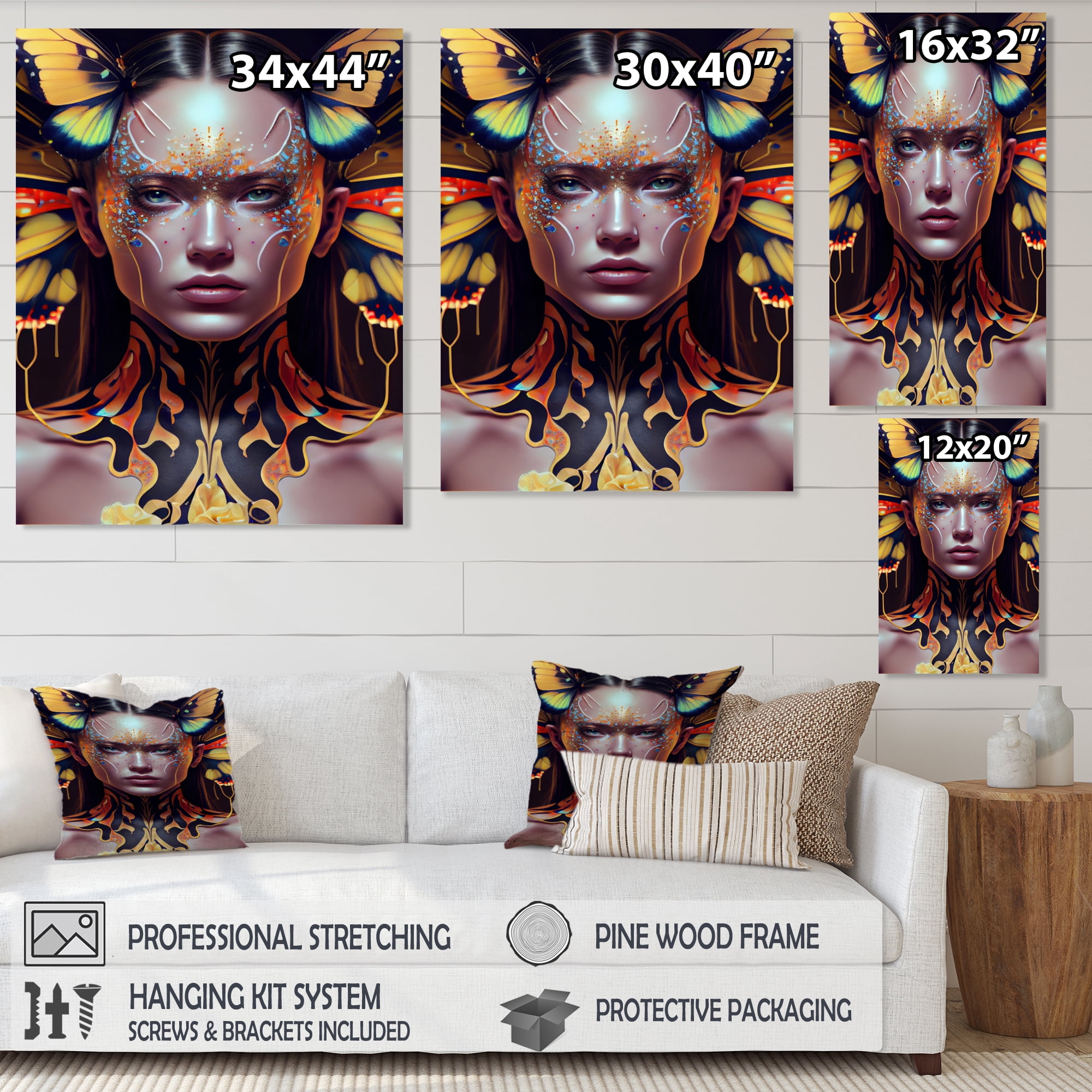 Designart Sensual Woman With Colorful Butterfly X Canvas Wall Art