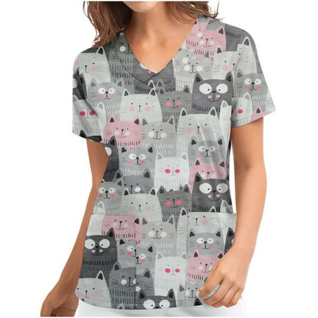 

Akklian Summer Savings Clearance Working Uniform For Women Print Short Sleeve V-Neck Scrubs Top Graphic Tees With Pocket