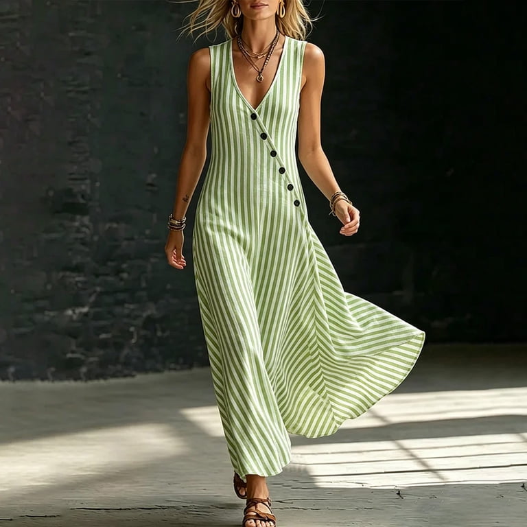 junior summer maxi dresses Odbmxy Women Maxi Dress Summer V-Neck Casual Tank Button Sleeveless Junior Dress A-Line Striped Women Sundress, Women's, Size: XL, Green