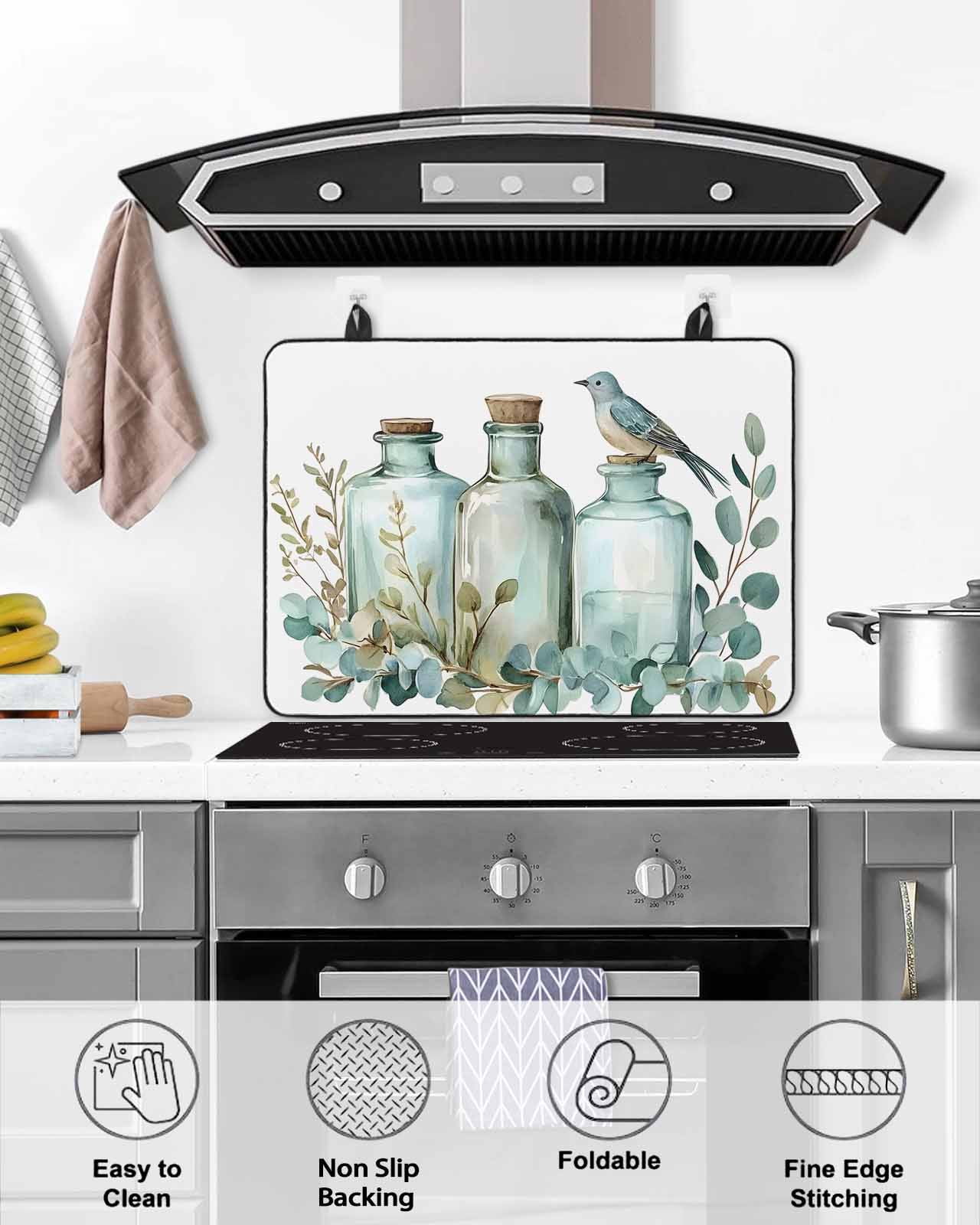 nqOlkjepod Large Induction Cooktop Protector Mat 24"x21", Green Eucalyptus Leaves Stove Top Covers for Electric Stove, Spring Botanical Vase Birds Stove Burner Cover Mats, Glass Top Stove Cover