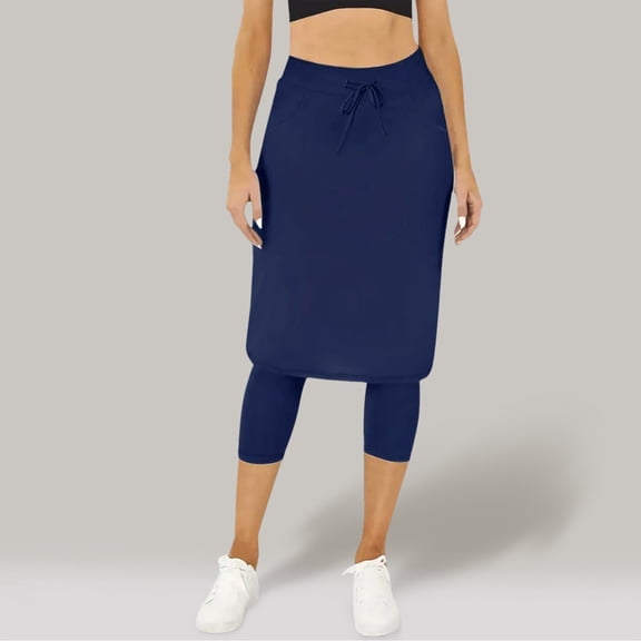 FAOWME Women's Skirts With Pockets Elastic Waist Drawstring Solid Color Comfortable Stylish Skirt Built In Capri Leggings For Sports Activities,Blue,L