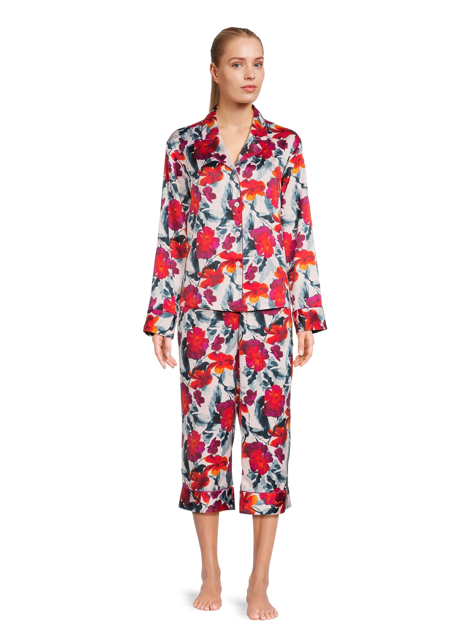 The Pioneer Woman Satin Notch Collar Top and Cropped Pants Pajama Set, Women’s, 2-Piece