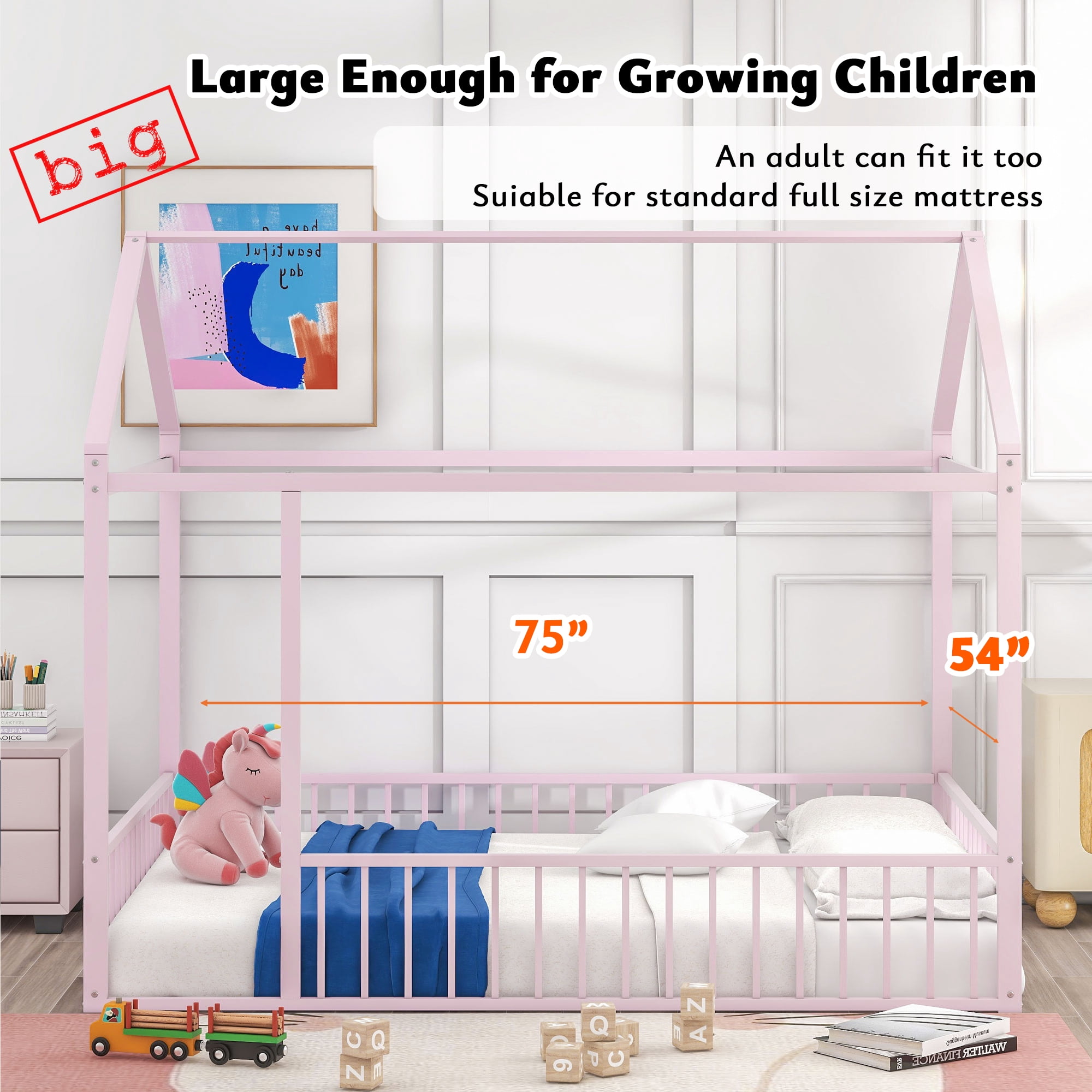 Full Size Metal House Bed Frame with Rails, Montessori Floor Bed  without Slats (Pink)