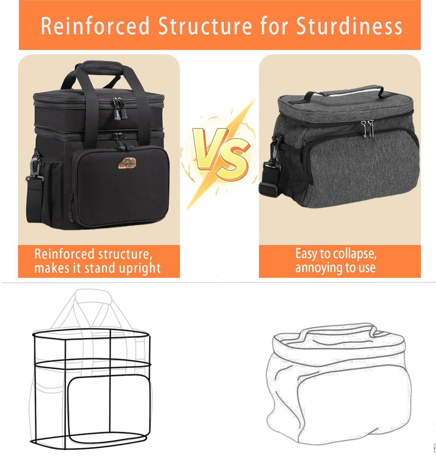 Expandable Insulated Large Lunch Box  Double Deck Heavy Duty Durable Bag Leakproof Cooler Bags For Men Women Adults Work Shift Flight Beach Daytrip 20 Can Black