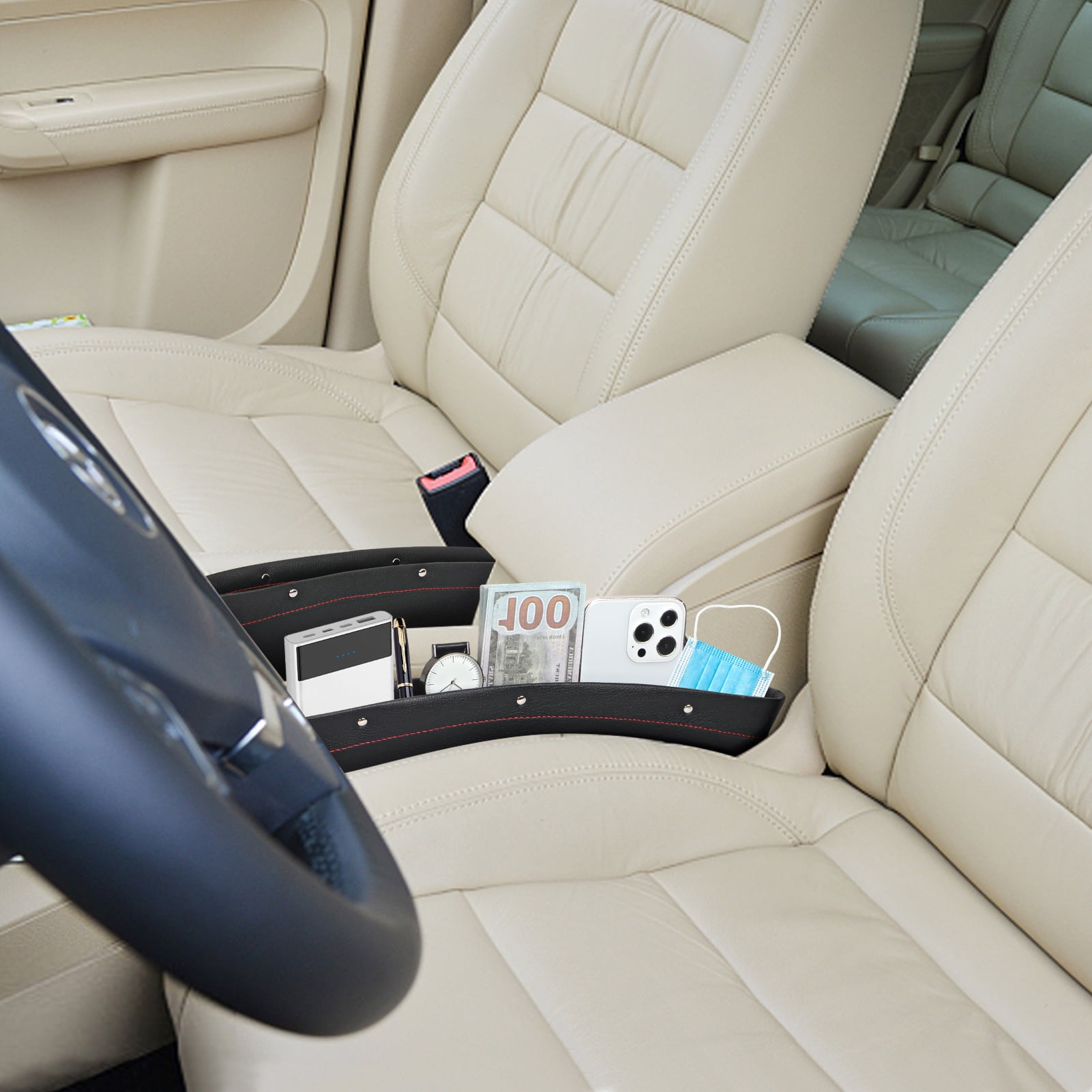 Pecham Car Seat Gap Filler, Premium PU Leather 2 in 1 Car Seat Gap  Organizer Seat Console Pocket Organizer Storage Box for Holding Phone,  Money, Cards, Keys, Remote,Black 