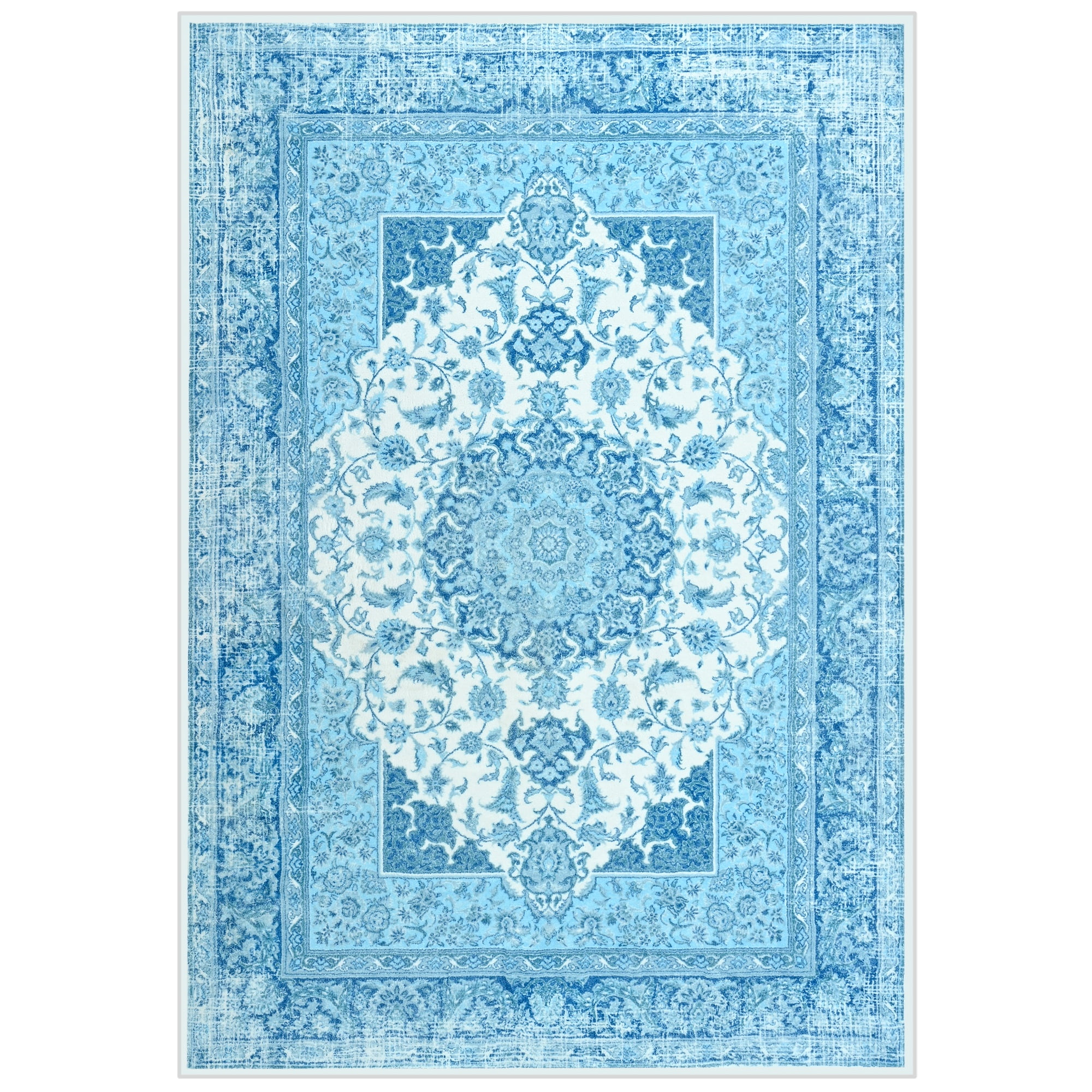 Wondo 4x6 Area Rugs for Living Room, Washable Area Rug, Rugs for Bedroom, Kitchen Rugs, Vintage Boho Carpet, Soft Non-Slip, Low Pile Area Rug for Office Dining Room, Blue