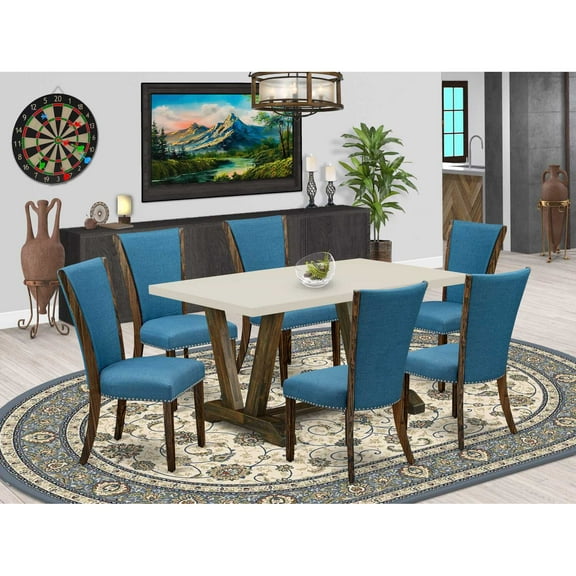 East West Furniture V726VE721-7 7Pc Dining Room Table Set Includes a Kitchen Table and 6 Parson Dining Chairs with Blue Color Linen Fabric, Distressed Jacobean and Linen White Finish