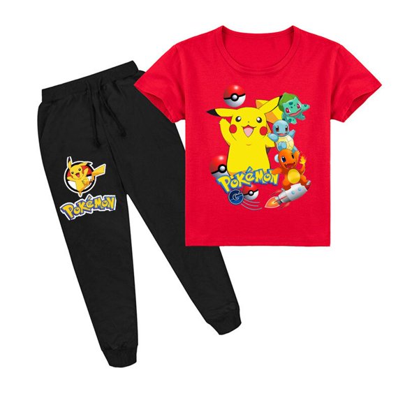 Anime Pokemon Pantalon de Jogging à Manches Courtes pour Enfants Pantalon Long en Coton + Pantalon Ensemble Deux Pièces