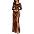 thumbnail image 2 of Smsaxvxz Women's Cowl Neck Satin Maxi Dress Long Sleeve High Slit Formal Evening Gown for Wedding Guest Bridesmaid Party Brown M, 2 of 7