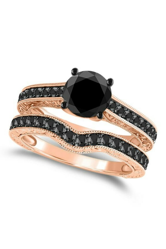 1.50 Ct Black Diamond Black Rhodium Plated Bridal set Engagement Ring In 10K Rose Gold