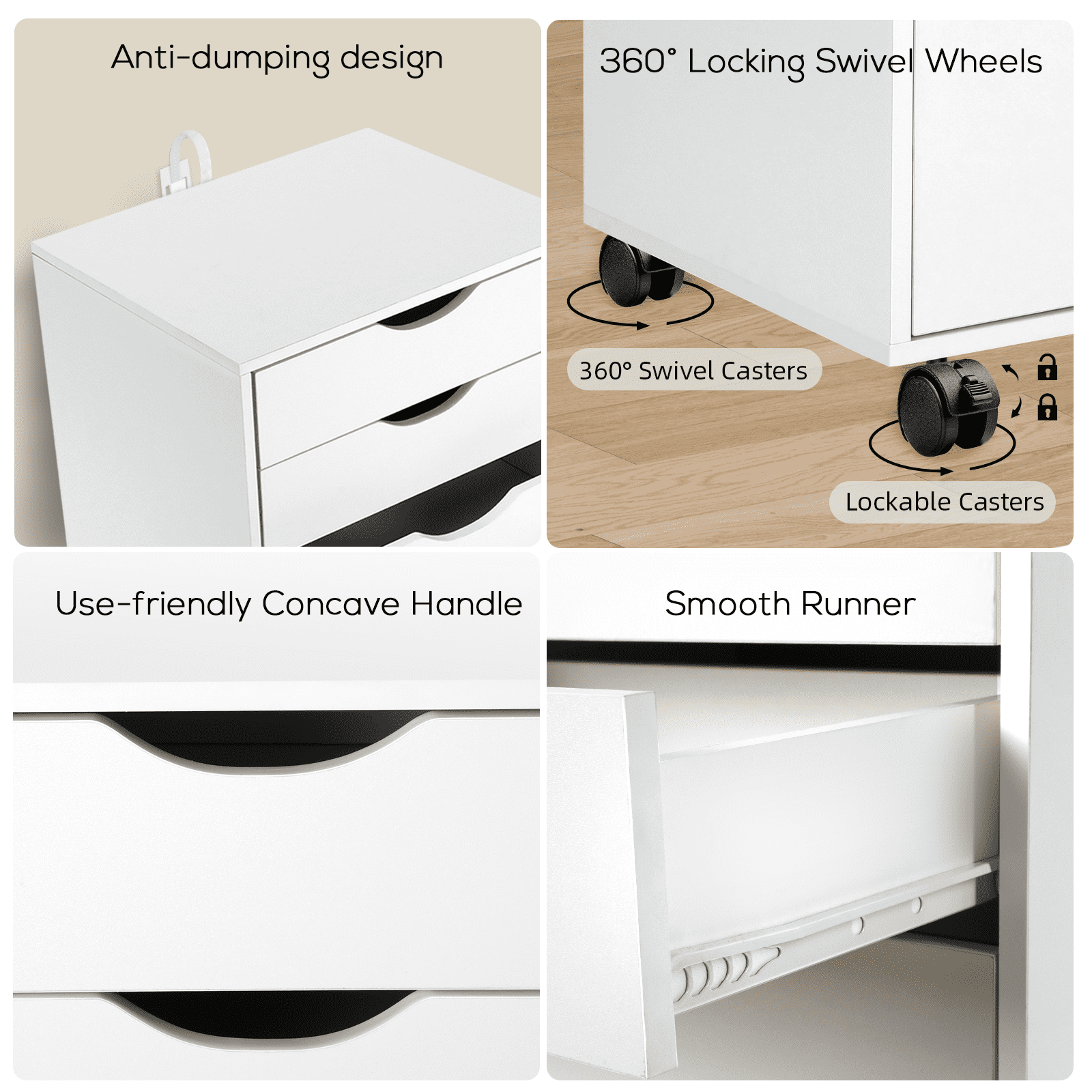 RichYa Mobile File Cabinet with Wheels,Chest of Drawers with Lockable Caster,Rolling Storage Organizer for Home Office,Living Room (White)