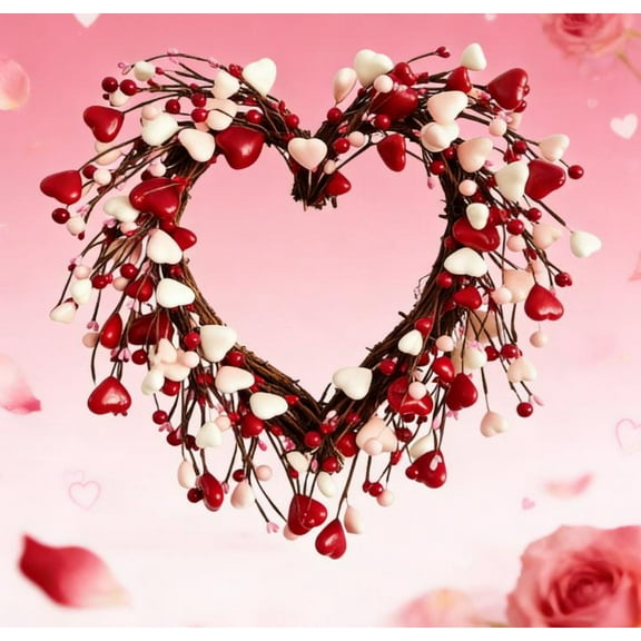 Artifical Valentine's Day Wreath 16.5 Inches Valentines Heart Shaped Heart Shaped Wreath for Front Door Valentines Wreath with Red Berries and Hearts Flowers for Wall Window Porch Home Wedding Party