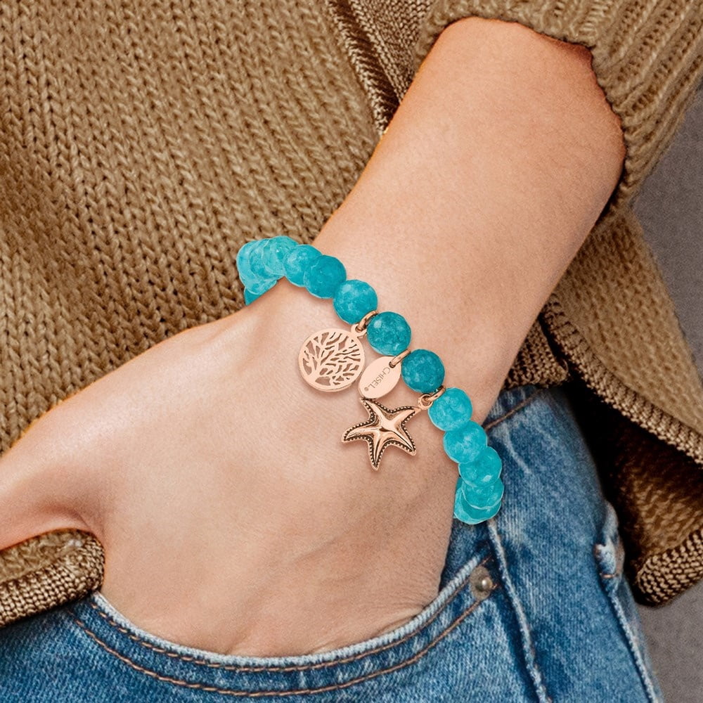 Diamond2Deal Stainless Steel Rose IP-Plated Starfish and Tree of Life 8mm Aqua Dyed Jade Beaded Stretch Bracelet for Women 6"