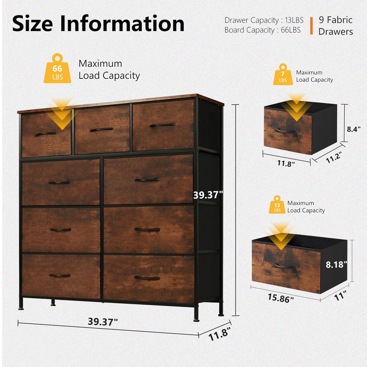 9-Drawer Fabric Dresser with Wood Top - Compact Storage Organizer for Bedroom, Closet, Brown