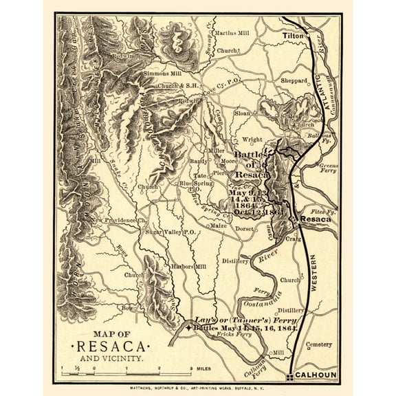 Historical Civil War Map - Resaca Georgia Vicinity Battles - Northrup 1864 - Vintage Wall Art