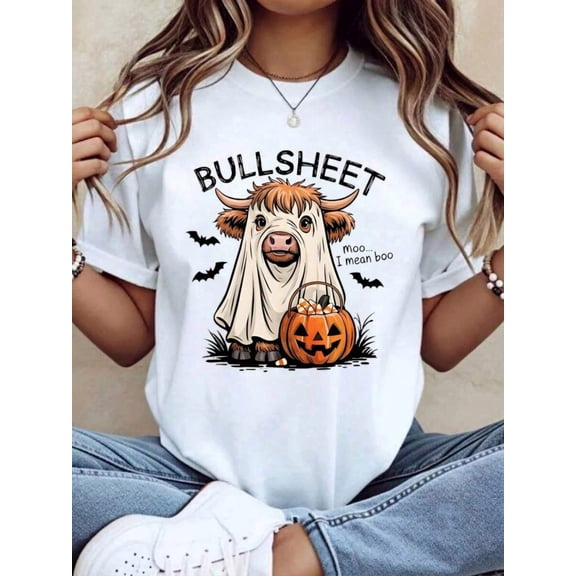 Funny Halloween Graphic, Casual Short Sleeve Top, Women's T-Shirt, Bullsheet Cow Ghost And Pumpkin Print, Autumn Holiday Party Wear, Gift For Friends